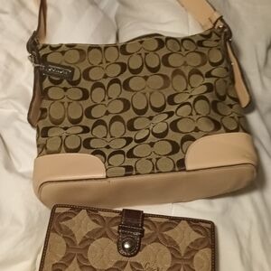 Coach Tan and Brown Signature Shoulder Bag with Wallet